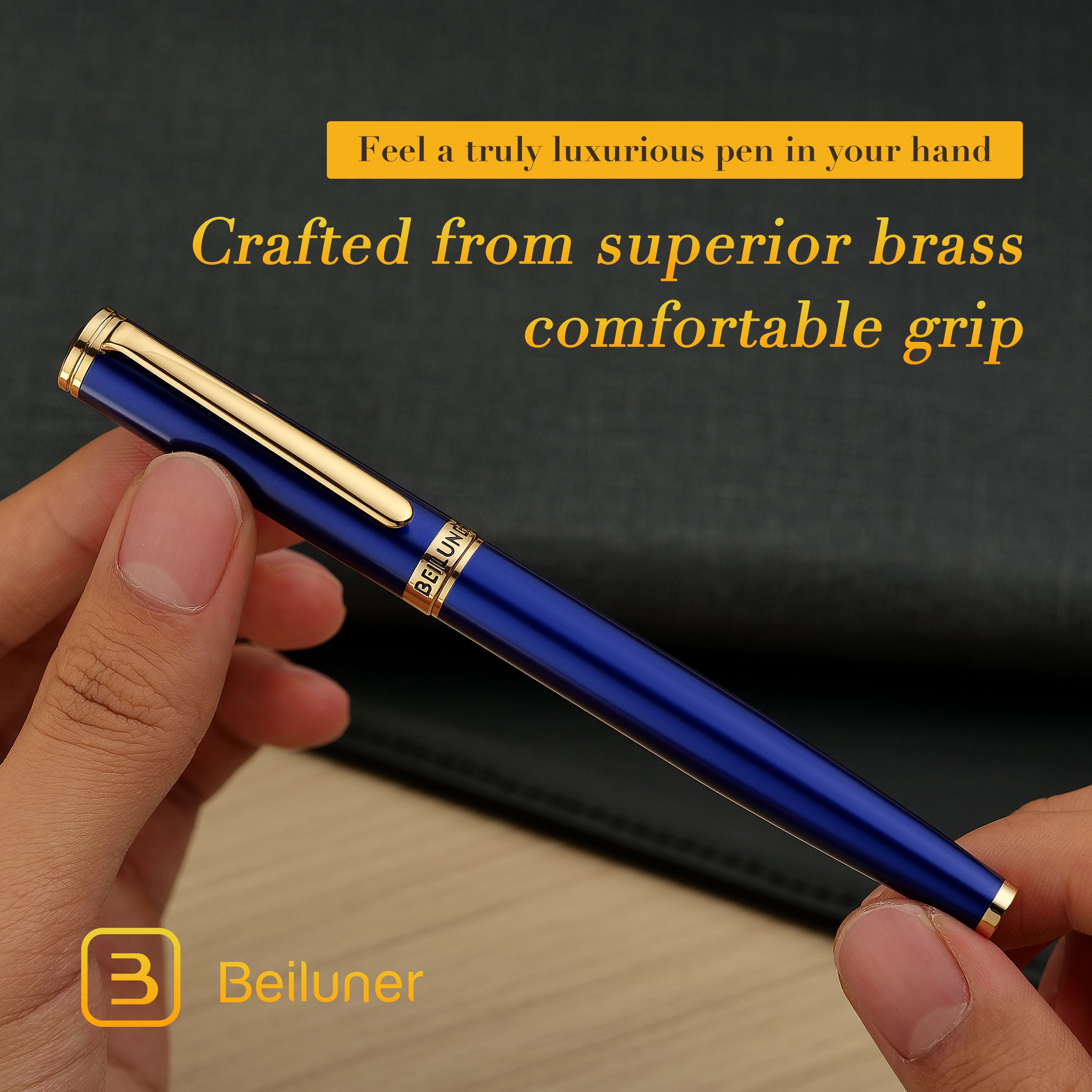 BEILUNER Blue Fountain Pen,Stunning Luxury Pen,24K Gilded Nib(Medium),Gorgeous 24K Gold Finish,German Schneider Ink Converter,Trustworthy Pen Gift for Men&Women-Elegant, Reliable,Nice Pen for Writing