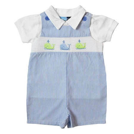 Good Lad Newborn/Infant Blue Seersucker Smocked Shortall Set with Whale Embroideries