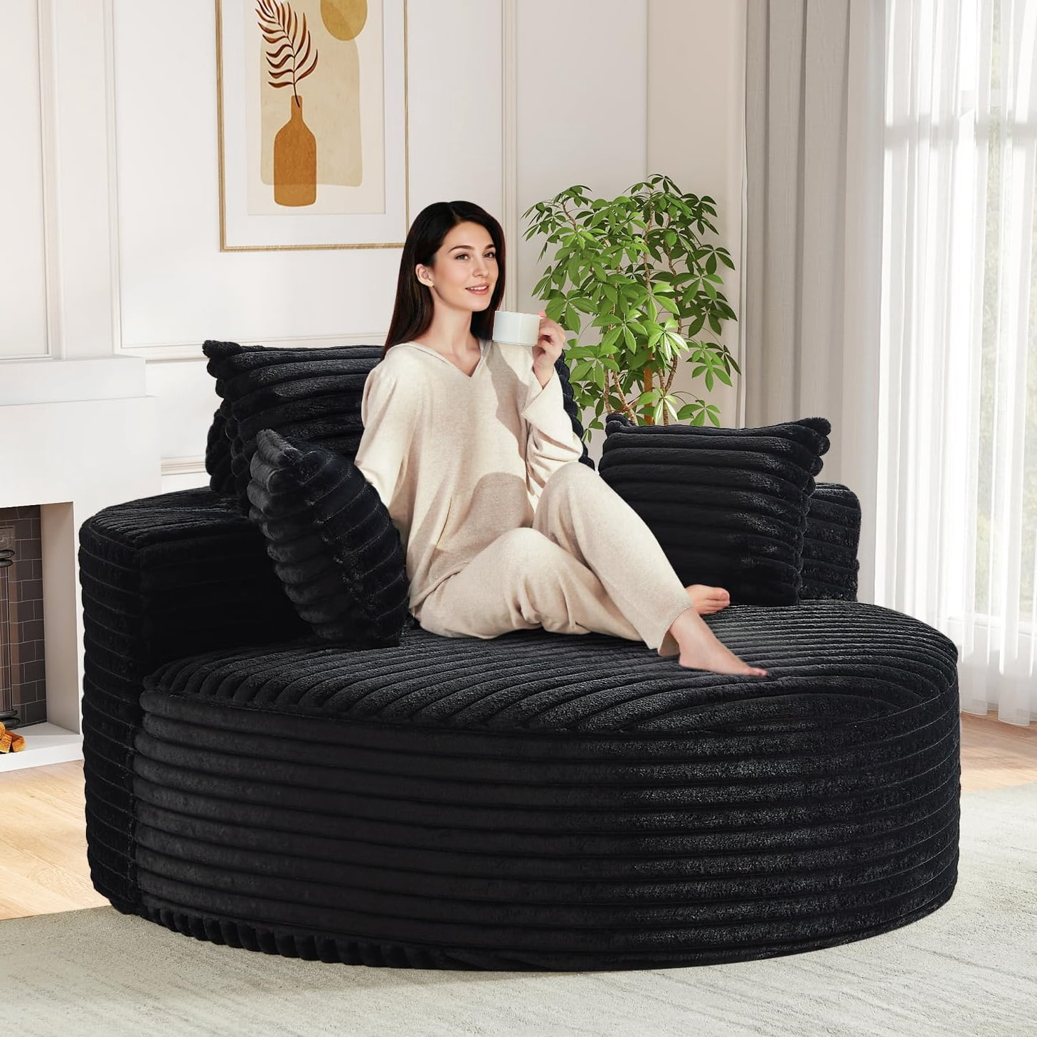 Aukfa 55" Oversized Round Chaise Lounge Chair Indoor, Corduroy Upholstered Sleeper Chair with Deep Seat & Pillows, Black