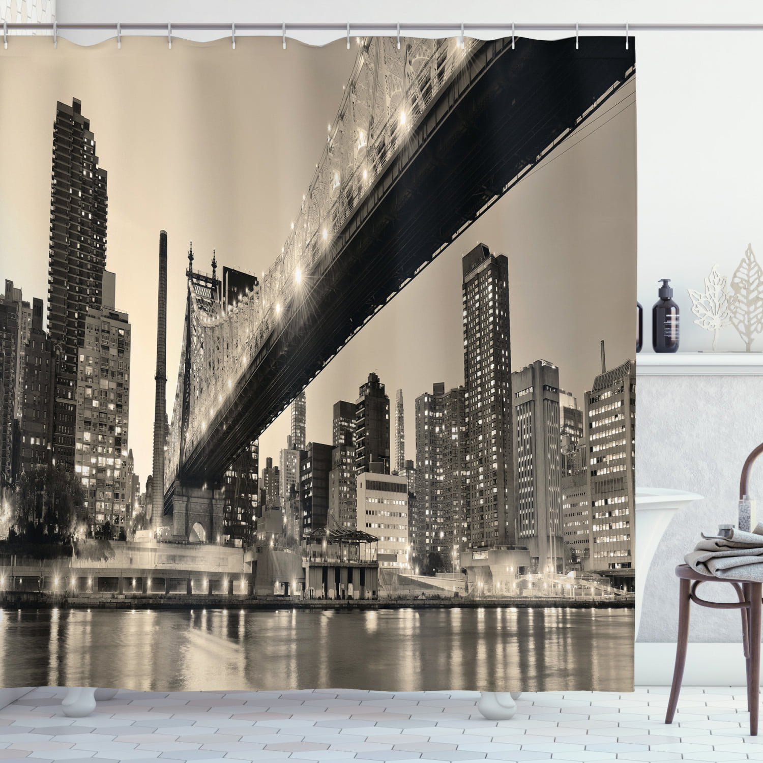 New York Night View Brooklyn Bridge Shower Curtain Polyester Fabric Multi-Size 