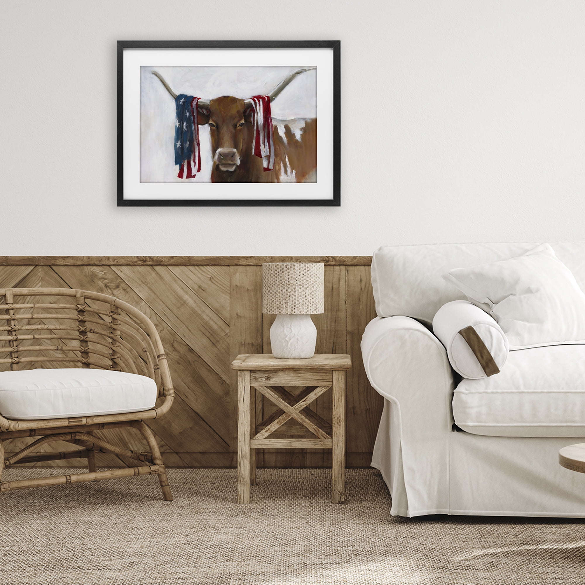 Stupell Industries Patriotic Longhorn with Flag Black Framed Print Under Glass, design by White Ladder