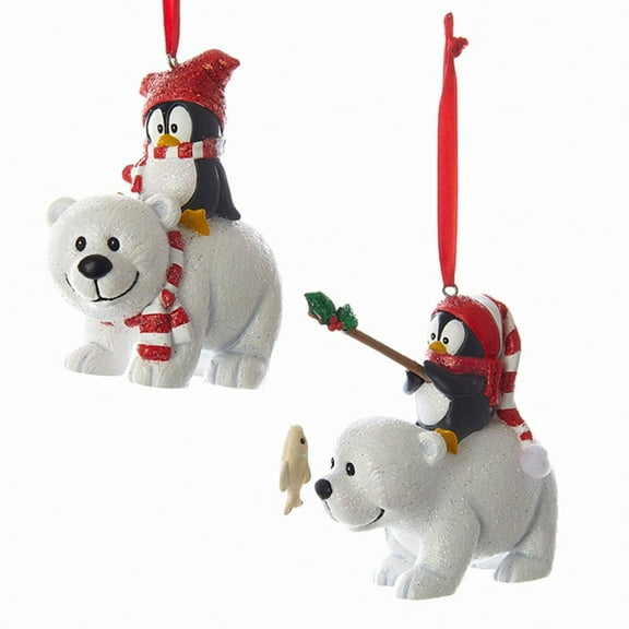 White Bear and Penguin Christmas Ornament Set – 2 Assorted Designs: Fishing & Red/White Scarf
