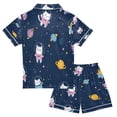 thumbnail image 2 of Silky Satin Kids' Pajama Set Breathable & Smooth Unisex Button-Down Pajamas Cats in Space Suits, 2 of 8