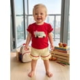 thumbnail image 4 of RUINIXCW Toddler Baby Girl Back to School Outfits Kids Girls Kindergarten Summer Clothes First Day of School Outfit Bow Bus Embroidery Short Sleeve T Shirt Tops and Striped Shorts Set, 4 of 9