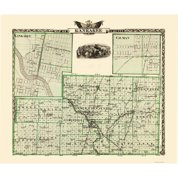 Historic County Map - Kankakee County Illinois  - Warner 1876 - 23 x 27.44 - Vintage Wall Art