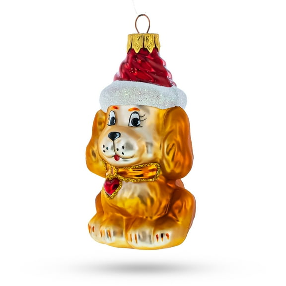 Golden Puppy in Red Santa Hat Glass Christmas Ornament