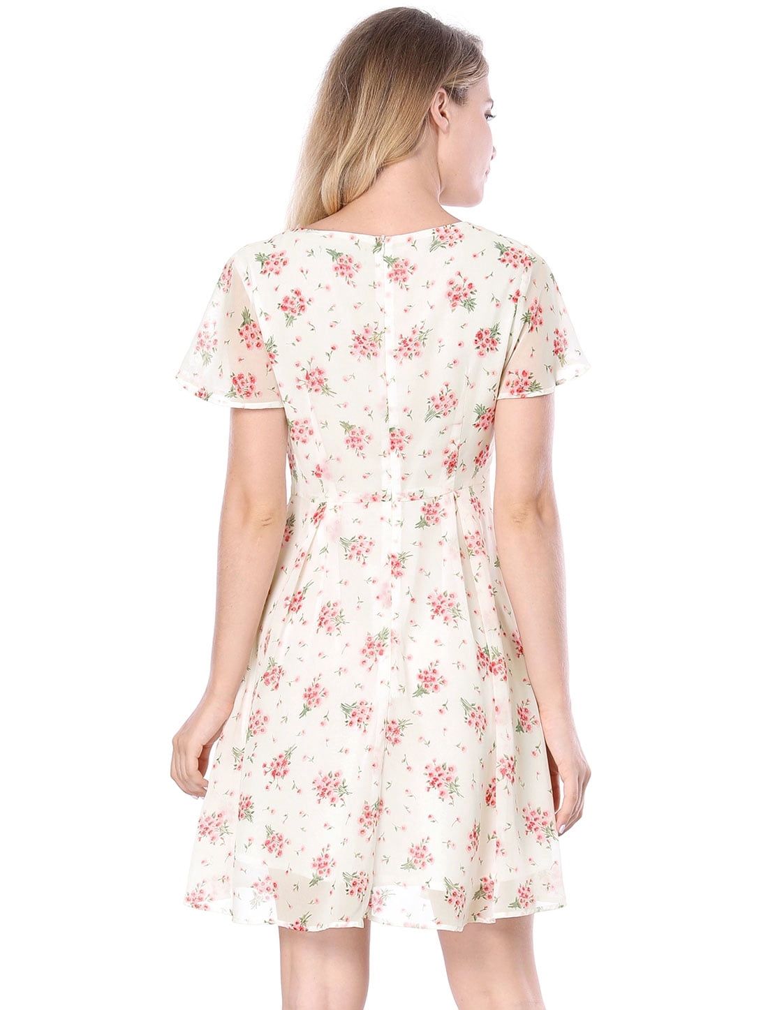 DARING DIVA Floral Flouncing Sleeve V Neck A-Line Chiffon Dress  XL White