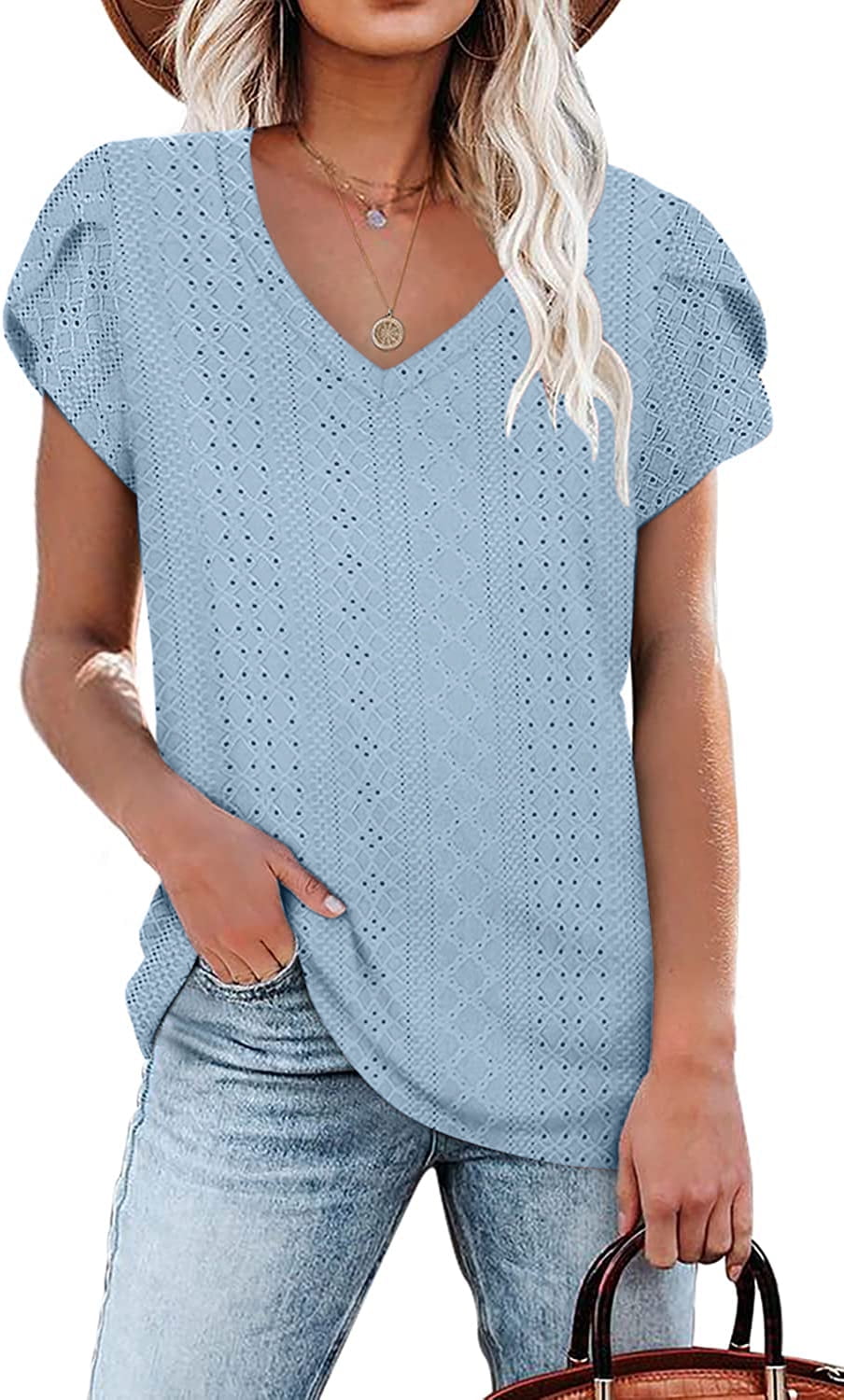 Anyjoin Womens Tops Casual V Neck Summer Petal Sleeve T-Shirt - Walmart.com