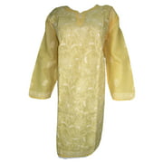 Mogul Womens Tunic Dress Floral Embroidered Cotton Yellow Kurti Caftan