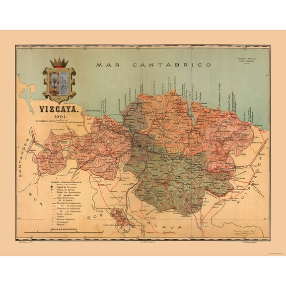Historic Map - Biscay Spain - Martine 1904 - 29.01 x 23 - Vintage Wall Art