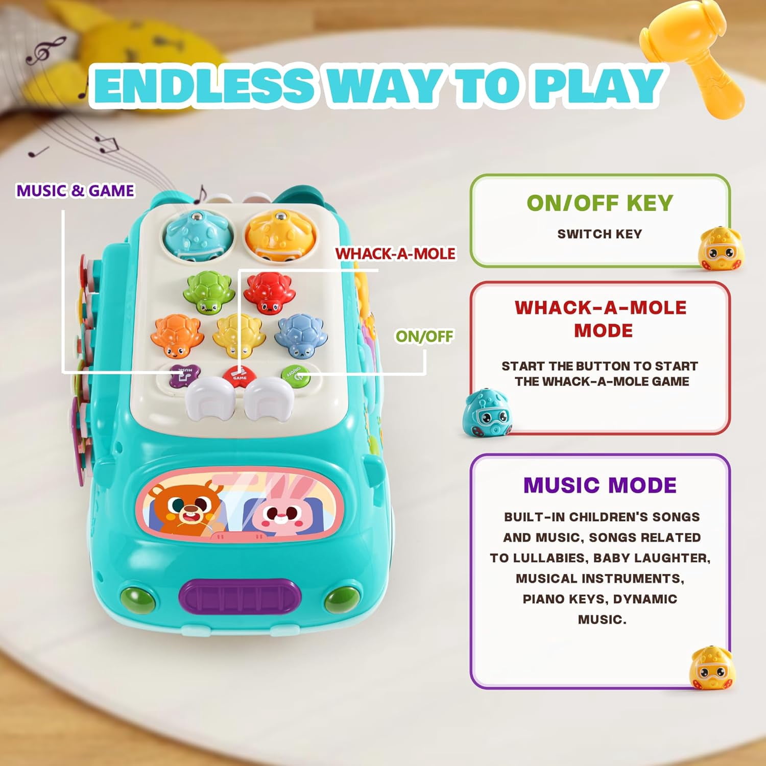 Baby Montessori Toys,6-in-1 Musical Bus Toys for Toddlers,Montessori Sensory Toys with Xylophone,Whack A Mole,Fishing Game,Montessori Sensory Toys for 2 3 4 Year Old,1st Birthday Gifts for Girls Boys