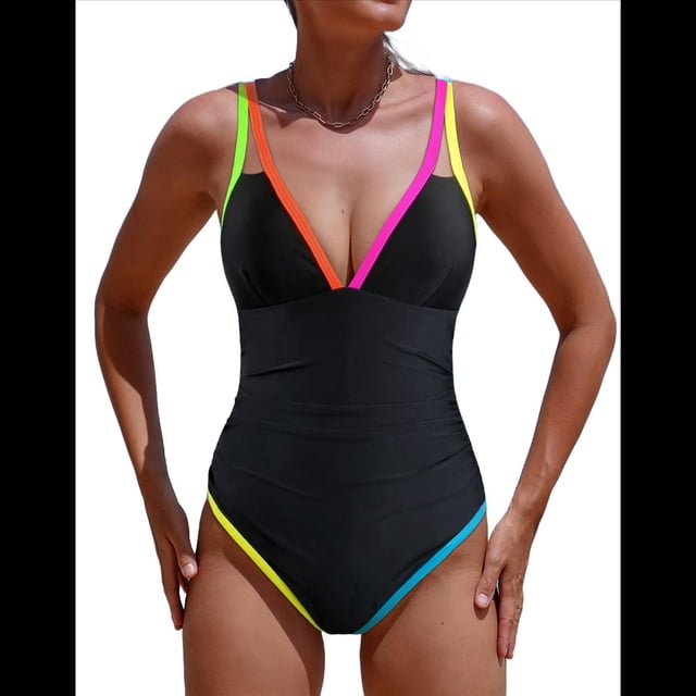 Traje de Baño de una Pieza para Mujer 2025 con Control de Abdomen, Diseño de Bloques de Color Neón, Cuello en V Profundo y Adelgazante Negro M