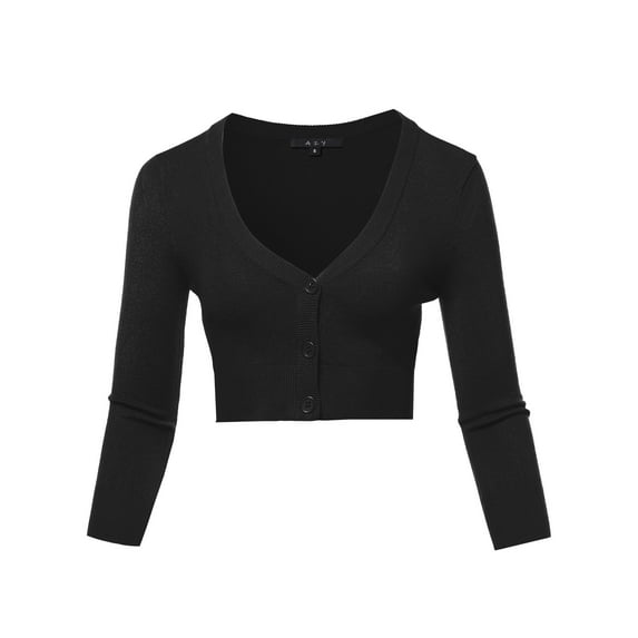 A2Y Women's Solid Cropped Bolero 3/4 Sleeve Button Down V-Neck Cardigan Sweater Black L
