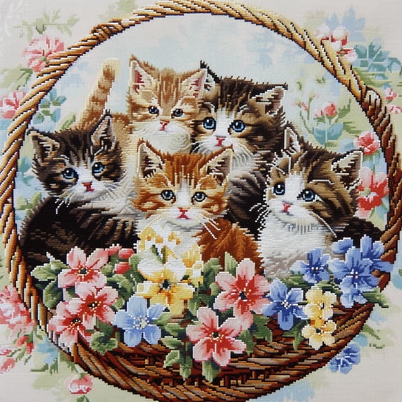 Cute Cats Family in Flower Basket DIY 11CT Stamped Cross Stitch Kits for Beginners Easy Needlepoint Embroidery Counted Cross Stitch Art Craft for Wall Decoration 14x14inch(4)