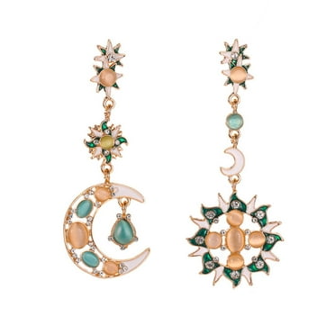 xiangDd Color Exaggerated Asymmetric Opal Earrings Long Sun And Moon Stud Earrings