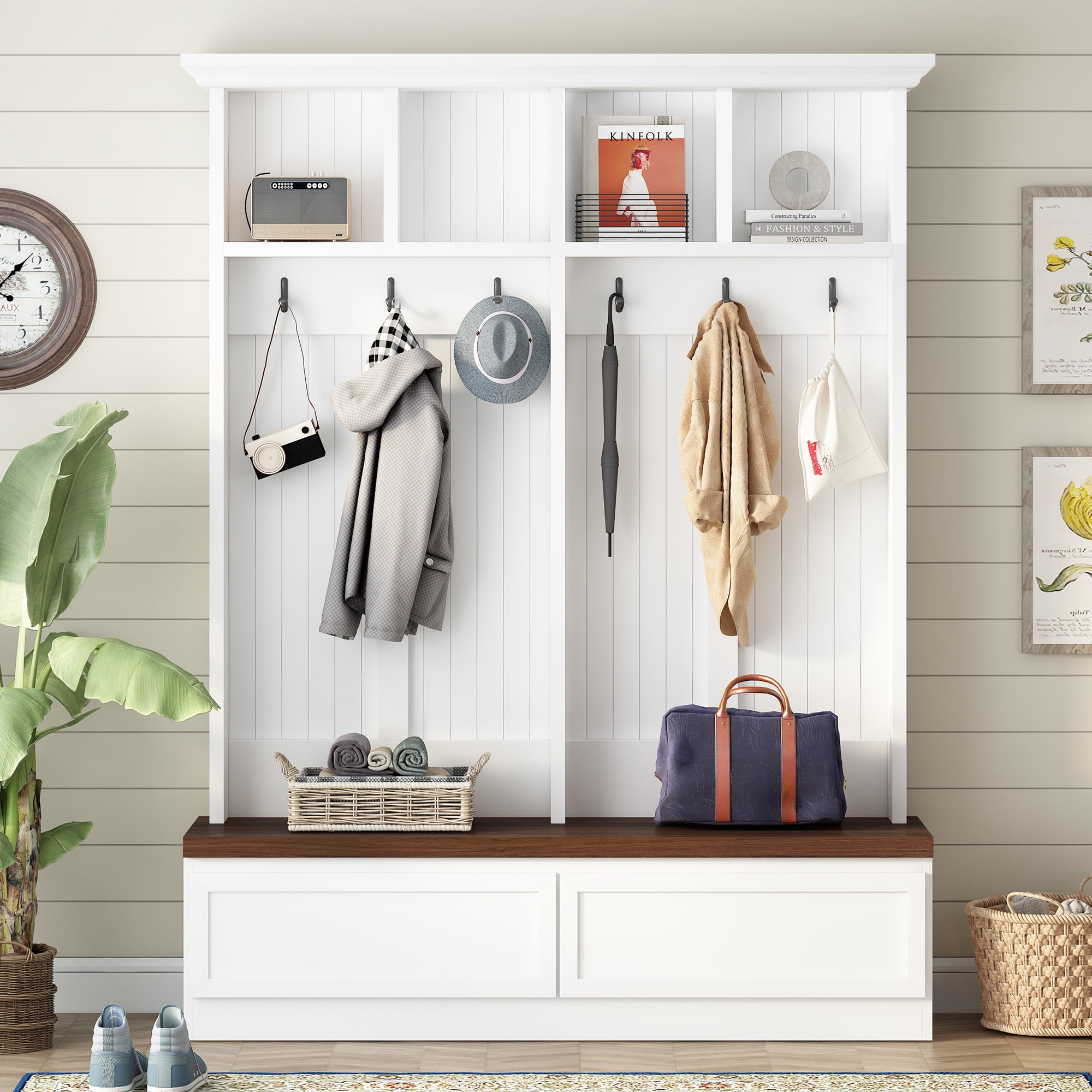 Euroco Farmhouse Hall Tree with Bench, Drawers, Hooks, and Upper Storage, Curved Top Design, Anti-Tip Safety