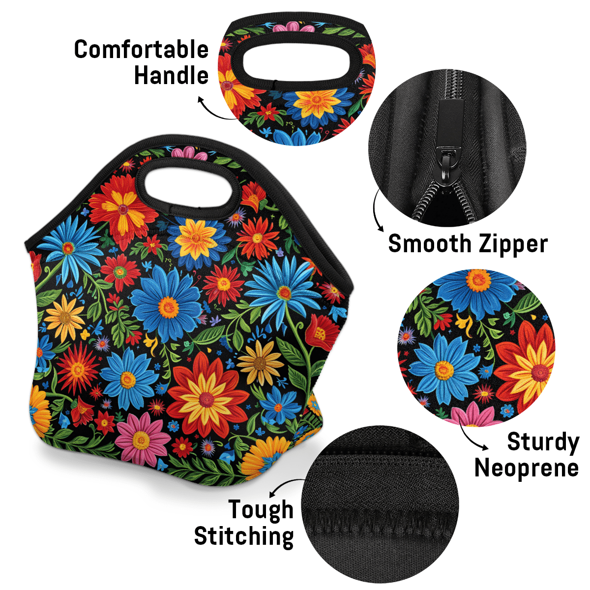 Herdesigns Spring Watercolor Floral Neoprene Lunch Bag, Colorful Flowers Insulated Lunch Box for Women Men Washable Lunch Tote Soft Lunch Container With Zipper for Work Picnic Travel