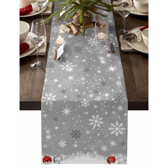 ERUNPONLY Grey Christmas Table Runner - 72 Inch Long Xmas Snowflake Balls Cotton and Linen Blended Dress Scarves Farmhouse Table Runner for Kitchen Dining, Coffee Table, 13" x 72"