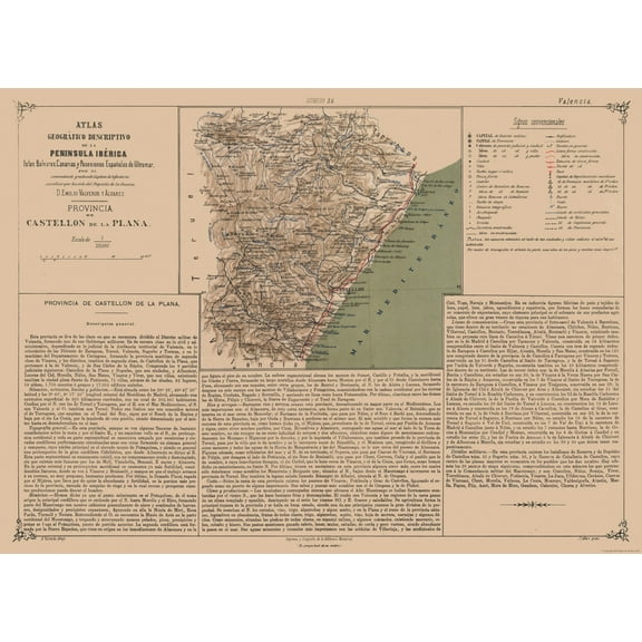 Historic Map - Castellon de la Plana Province Spain - Valverde 1880