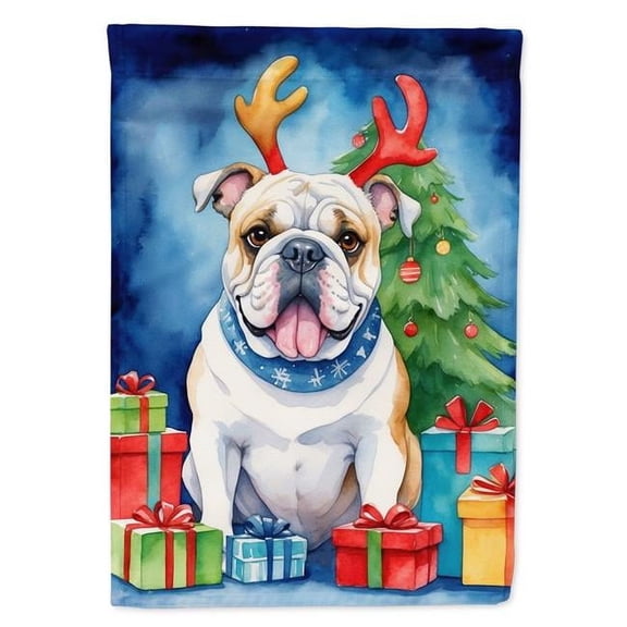White English Bulldog Christmas Reindeer Garden Flag