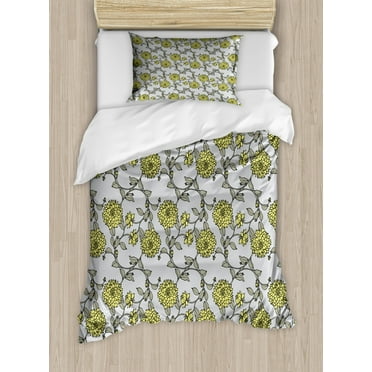 Grey and Yellow Duvet Cover Set Twin Size, Pattern with Chrysanthemum Flowers Illustration in Vintage Style, Decorative 2 Piece Bedding Set with 1 Pillow Sham, Grey Taupe Yellow, by Ambesonne