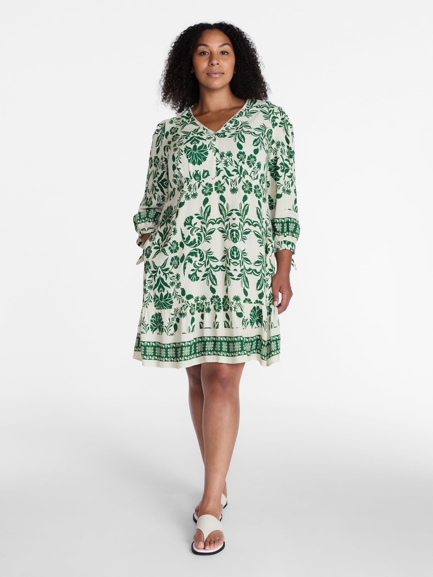 Time and Tru Women's Linen-Blend Border Print Mini Dress, Sizes XS-XXXL