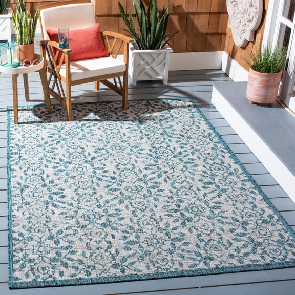 SAFAVIEH Courtyard Zenji Floral Indoor/Outdoor Area Rug, Grey/Blue, 4’ x 5’7”