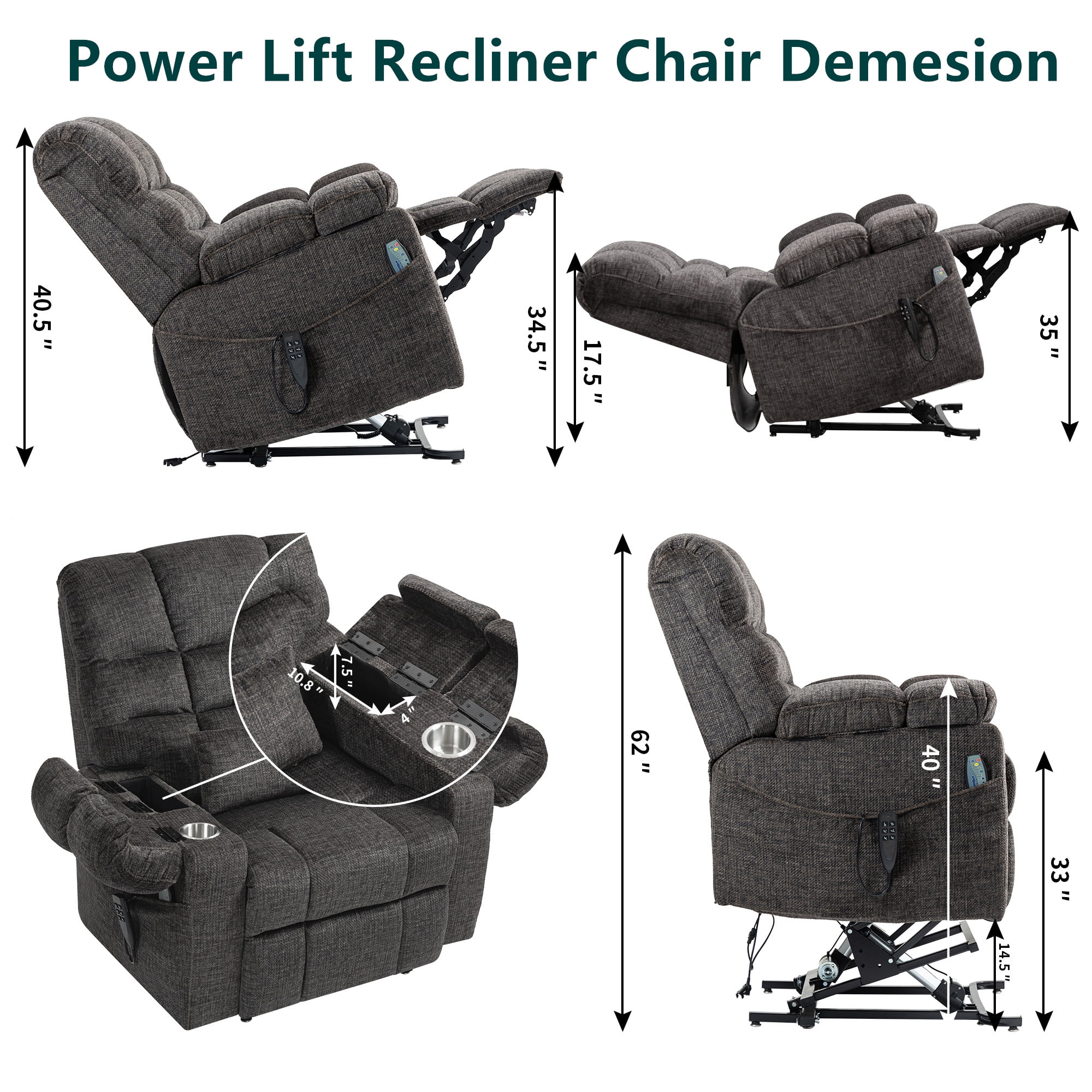 Triple Motor Zero Gravity Power Lift Recliner Chair for Elderly Adults, Electric Lay Flat Recliner with Heat and Massage, Adjustable Seat Height, 2 Arm Storage, 3 Cup Holders, Lumbar Pillow