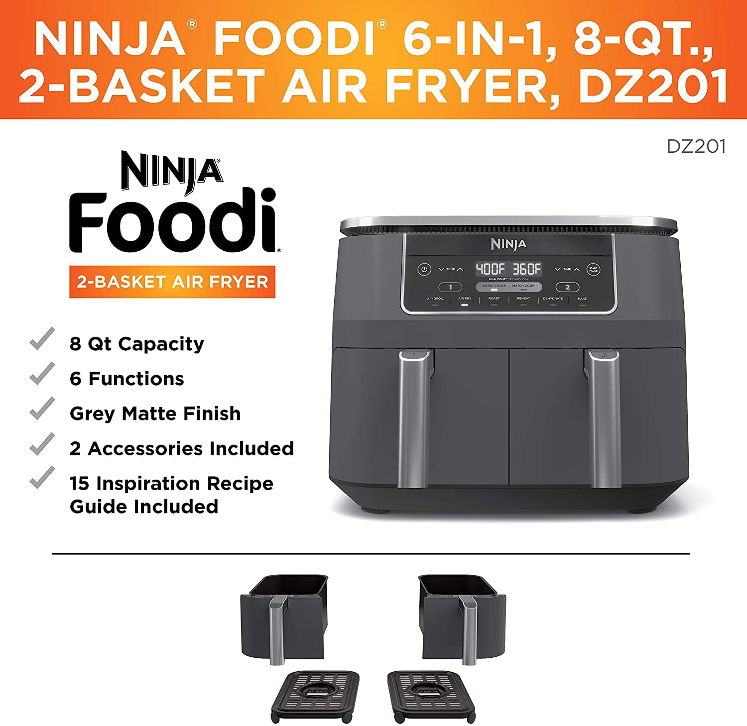 Ninja 8-qt 6-in-1 Dual Zone Air Fryer with Broil Rack 