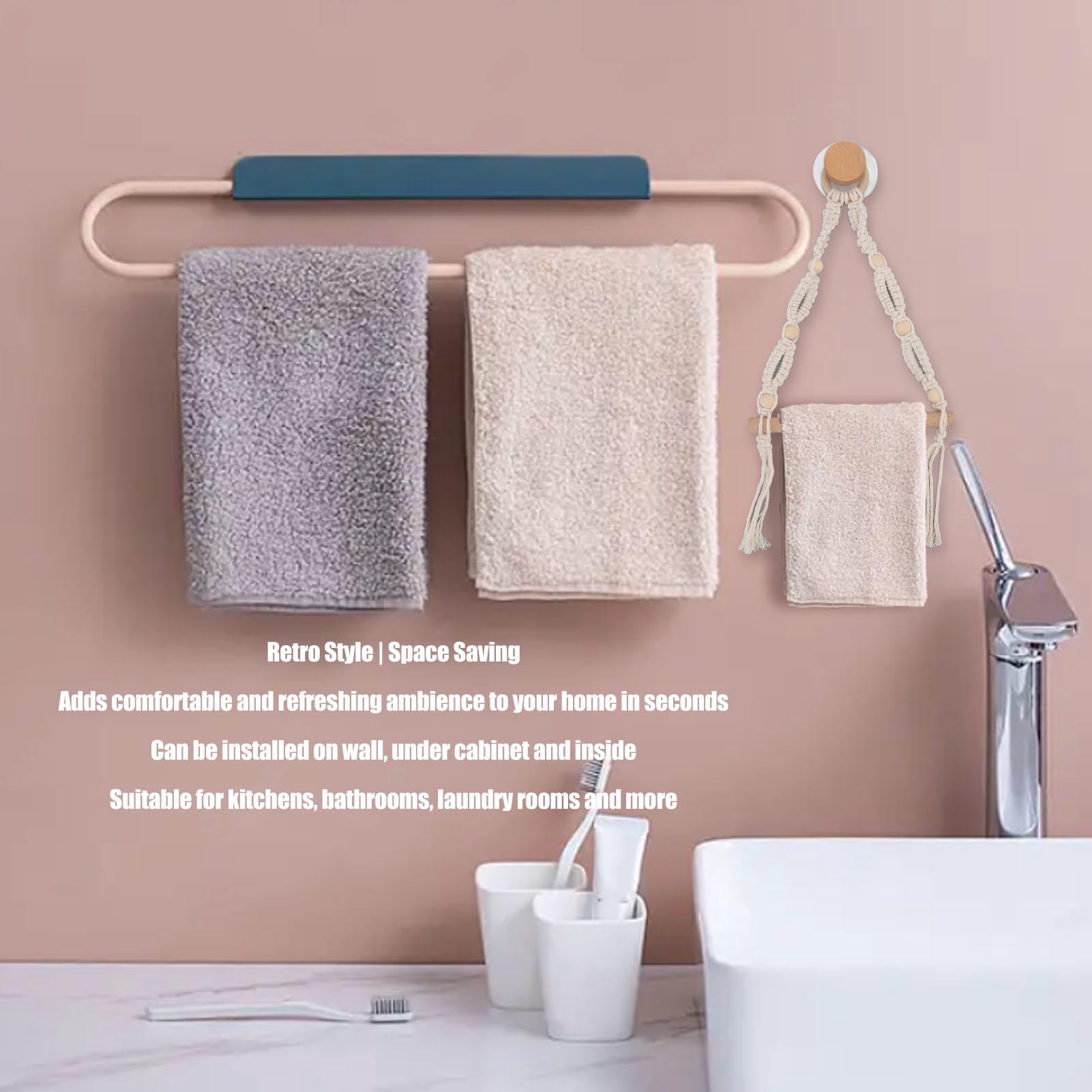 Yajisi European Vintage Rope Towel & Paper Towel Holder, 7.9x2.8in No-Drill Wall Mount, Handcrafted Cotton Rope & Beech Wood for Bathroom Kitchen