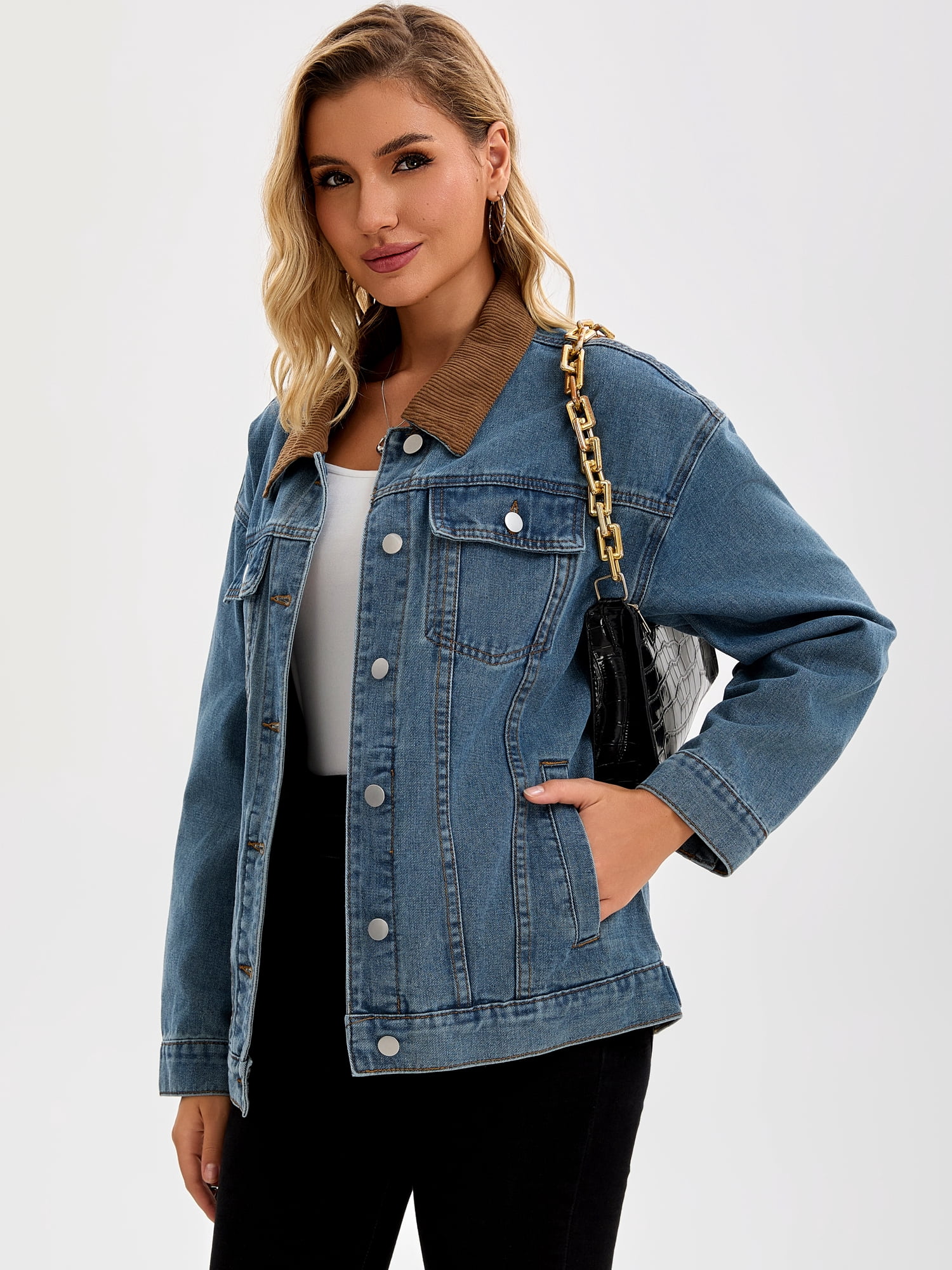 DARING DIVA Women's Button Down Corduroy Collar Long Sleeve Shacket XL Gray Blue