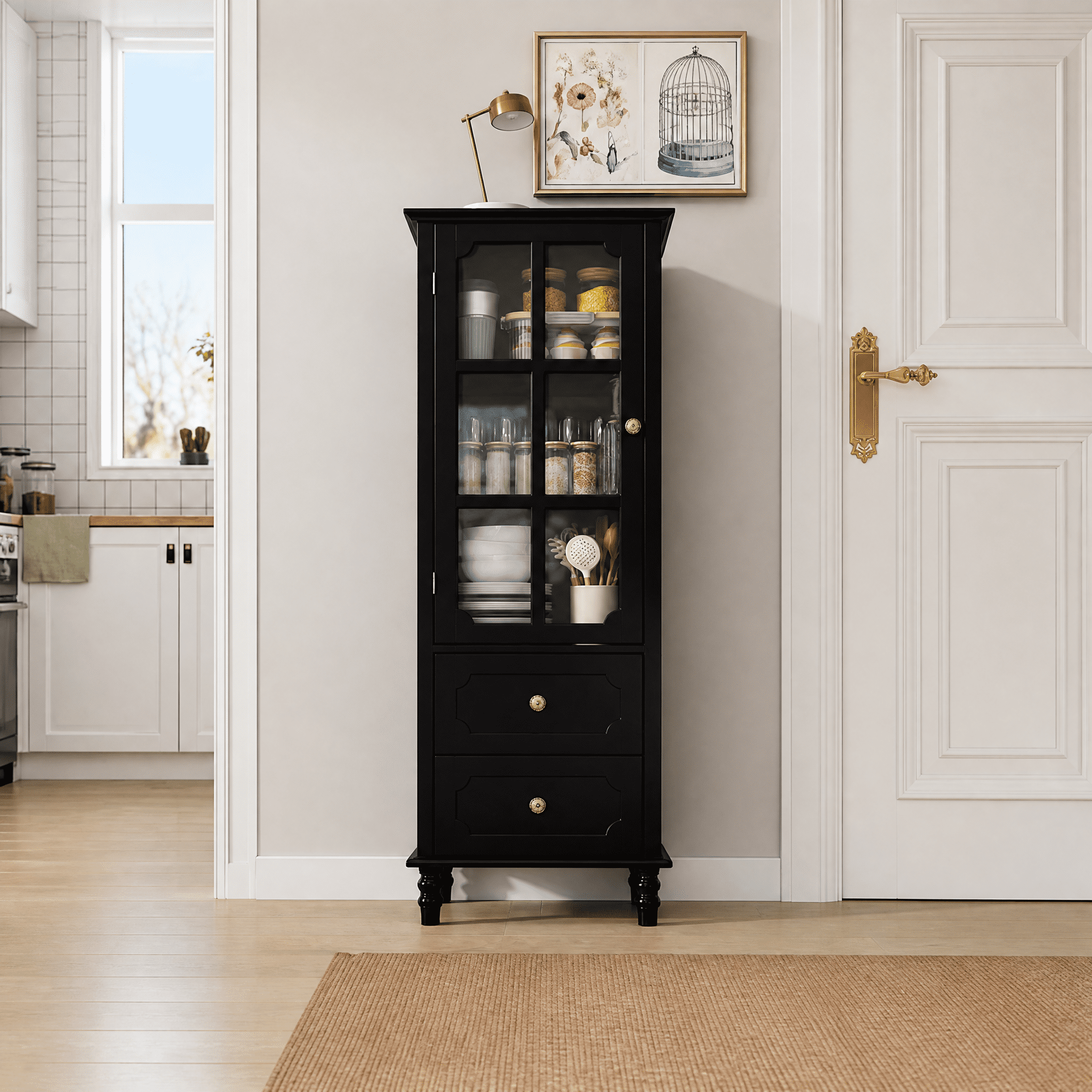 Tall Narrow Storage Cabinet with Curved Tempered Glass Door & 2 Drawers, Farmhouse Freestanding Sideboard Buffet with Adjustable Shelves & Turned Wood Legs for Dining Bathroom Living Room