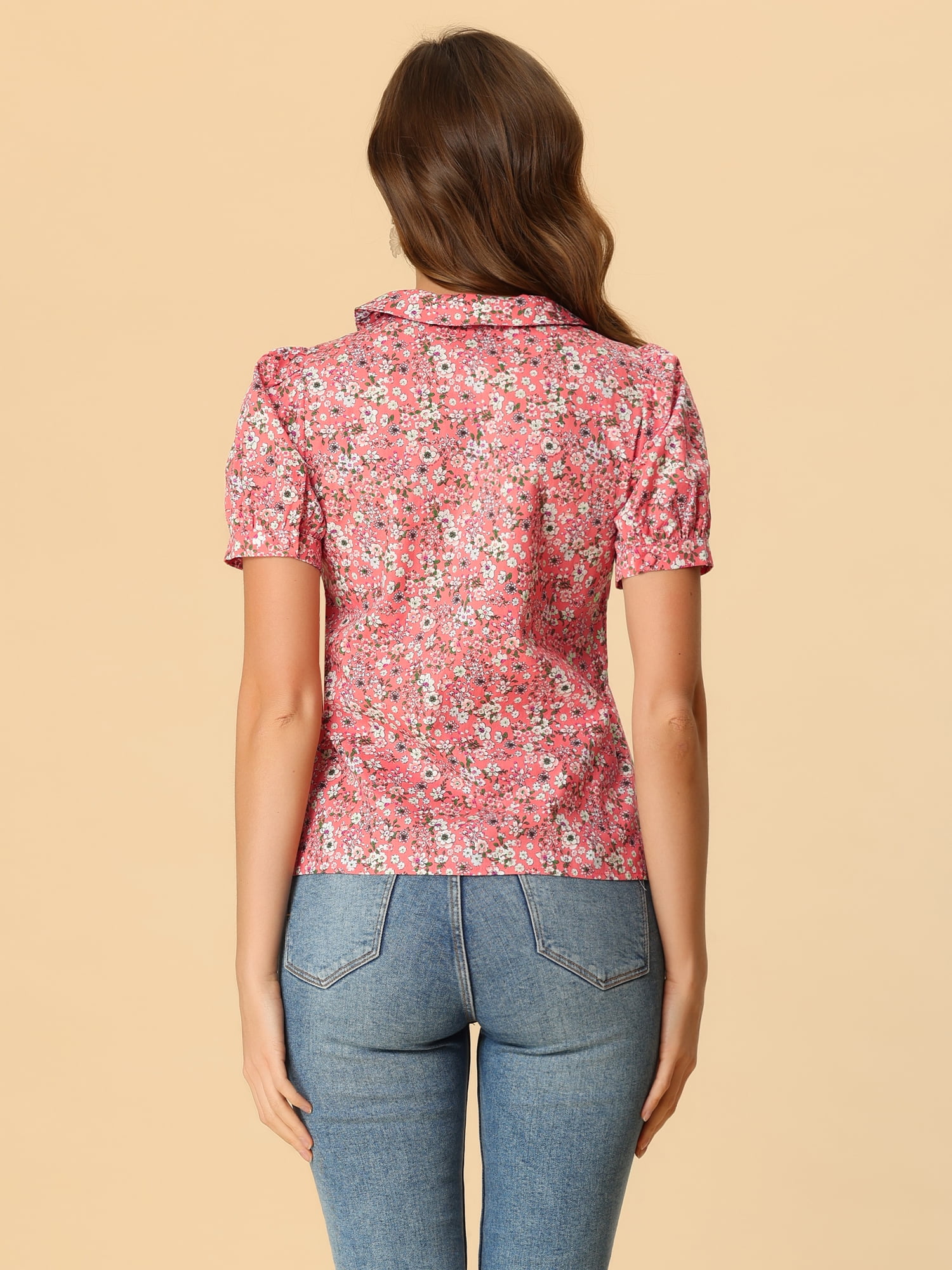 DARING DIVA Women's Turndown Collar Button Down Floral Blouse XL Pink