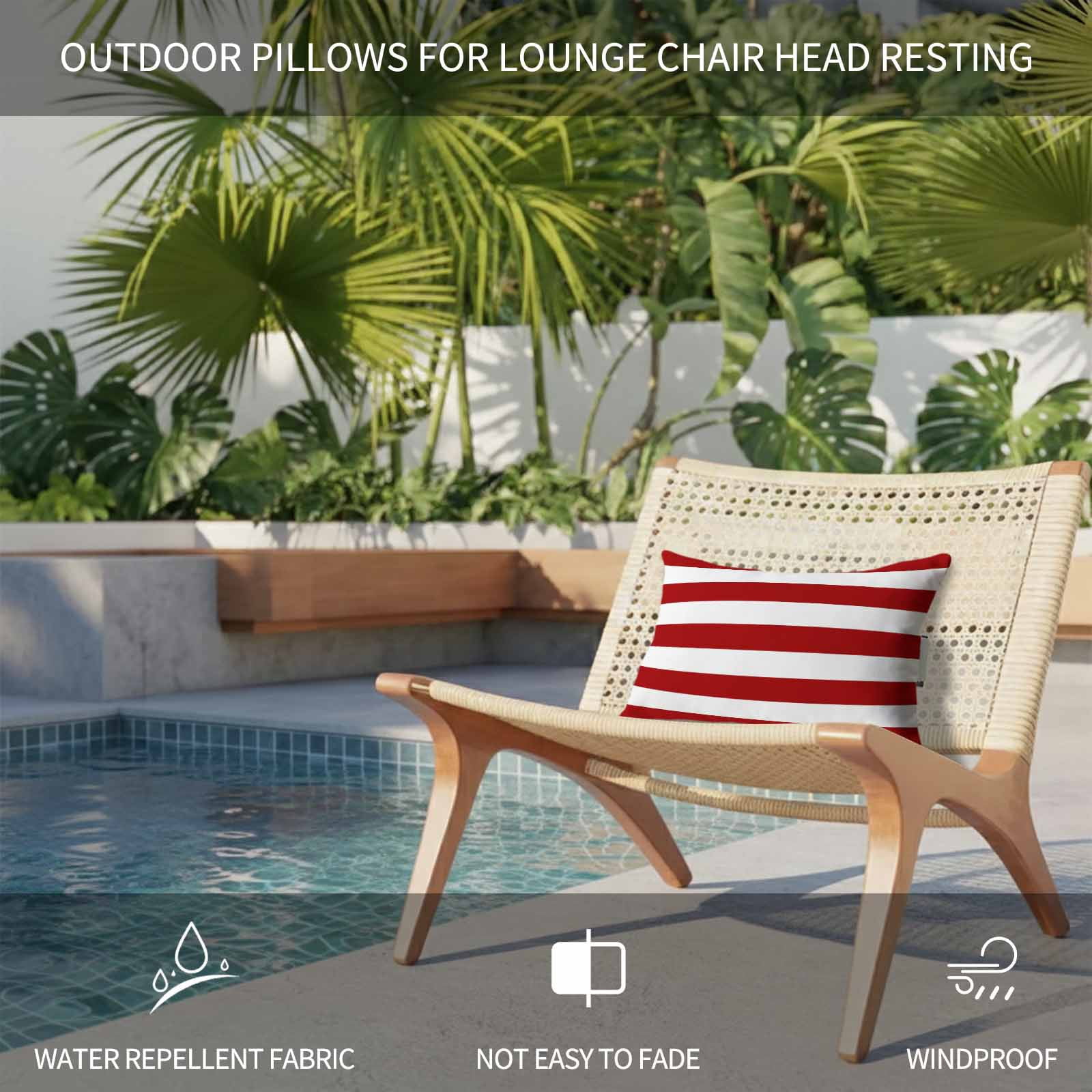 Modern Simple Outdoor Chaise Lounge Pillows Red White Stripes Lumbar Pillows with Insert Adjustable Elastic Strap Headrest Pillow for Recliner Patio Chair 2 Pack 11x16 Inch