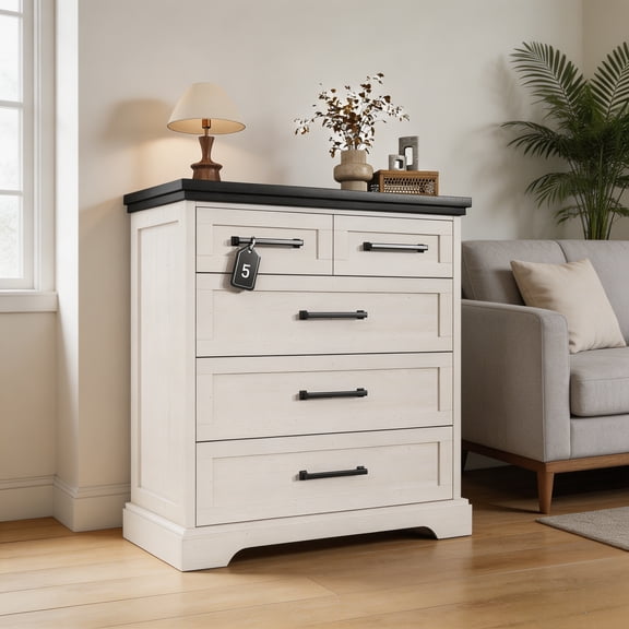 5-Drawer Chest of Drawers, White Black Contrast Storage Cabinet