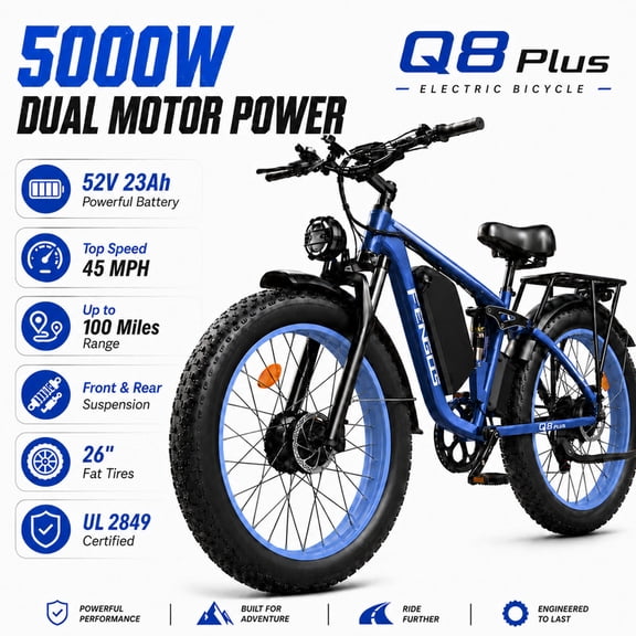 FENGQS Q8PLUS Electric Bike 5000W Dual Motor for Adults,26"x4" Fat Tire E Bicycle,52V/23AH Battery, 45MPH Electric Bicycle,80-100 Miles E Mountain Bike -(Blue) UL2849