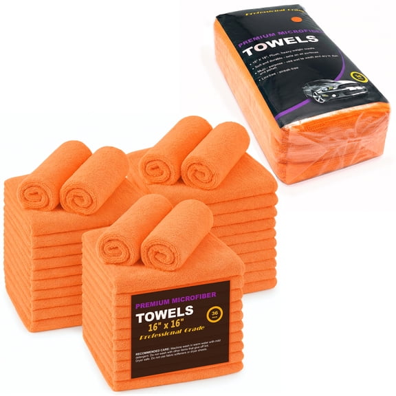 Large Microfiber Cleaning Towels, 36-Pack, Ultra Soft Plush Wash-Cloth, Professional Grade Premium Micro-Fiber Detailing Cleaning Cloths for Car, Household and Commercial (Orange, 16" x 16")