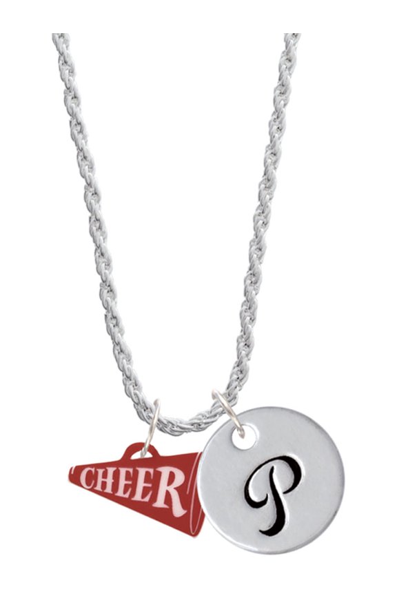 Acrylic 3/4" Maroon Cheer Megaphone Silvertone Script Initial Disc - P - Charm Necklace, 20"+3"