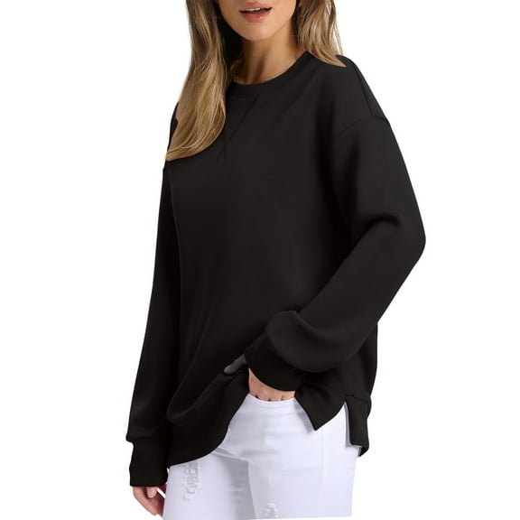 Womens Pullover Sweatshirts Fashionable Casual Solid Color Long Sleeved Tops Round Neck Side Split Loose Fit Embroidered Sweatshirt With Collar Black S