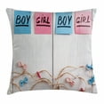 thumbnail image 1 of Gender Reveal Decorations Throw Pillow Cushion Cover, Colorful Stickers Garland Ribbons Greetings on Wooden Background, Decorative Square Accent Pillow Case, 24 X 24 Inches, Multicolor, by Ambesonne, 1 of 2
