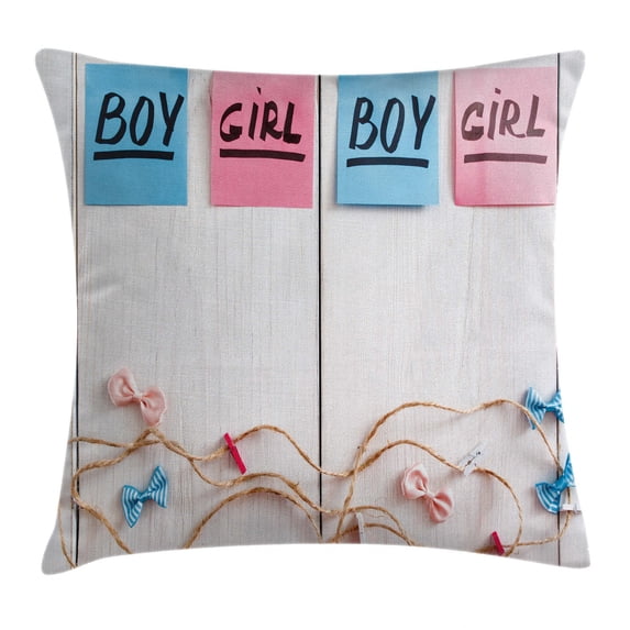 Gender Reveal Decorations Throw Pillow Cushion Cover, Colorful Stickers Garland Ribbons Greetings on Wooden Background, Decorative Square Accent Pillow Case, 24 X 24 Inches, Multicolor, by Ambesonne