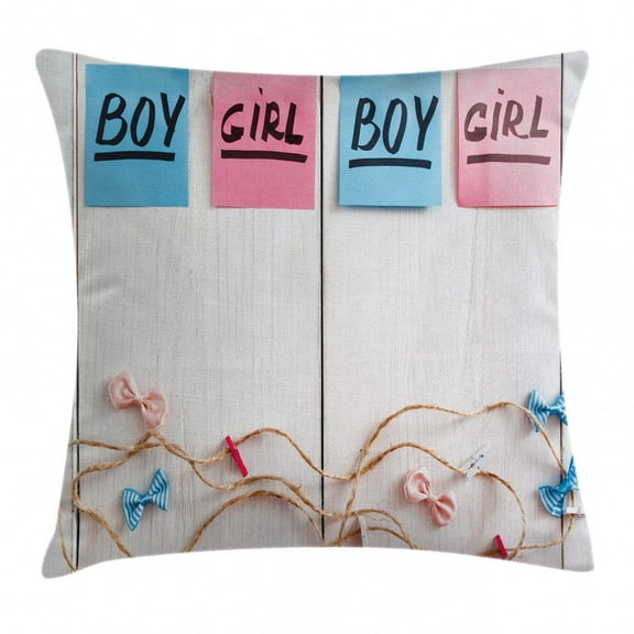 Gender Reveal Decorations Throw Pillow Cushion Cover, Colorful Stickers Garland Ribbons Greetings on Wooden Background, Decorative Square Accent Pillow Case, 18 X 18 Inches, Multicolor, by Ambesonne