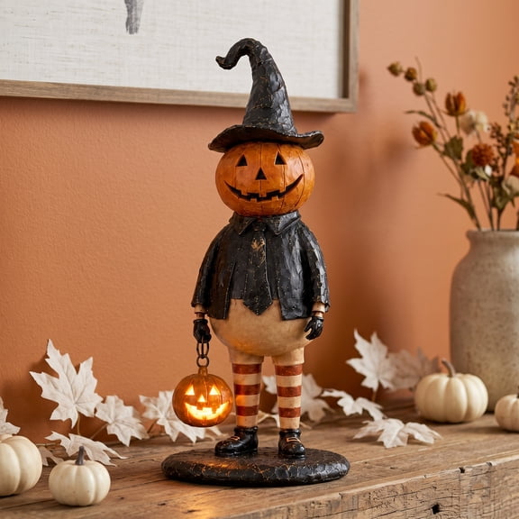 Pumpkin Witch Lantern Figurine, LED Glowing Hat Staff Wizard Resin Statue, Vintage Gothic Halloween Tabletop Decor