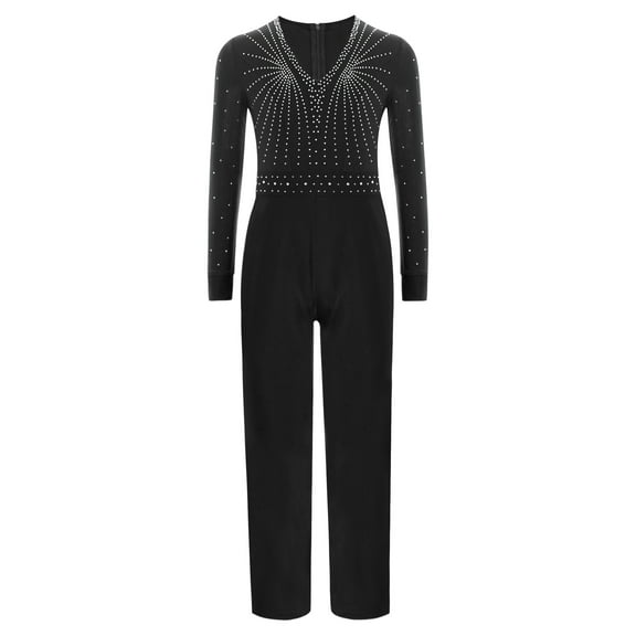 TSSOE Kids Boys Gymnastics Leotard Lyrical Dance Bodysuits Costume Rhinestones Long Sleeve Patchwork V-collar Jumpsuit Black 14