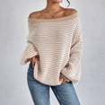 thumbnail image 2 of VISALY Off The Shoulder Top Knit Sweater Sweaters Puffy Long Sleeve Crewneck Soft Loose Pullover Tops Chunky Knitted Striped Sweater Crochet Sweaters Basic Sweatshirt Women Pullover Sweater Khaki S, 2 of 6