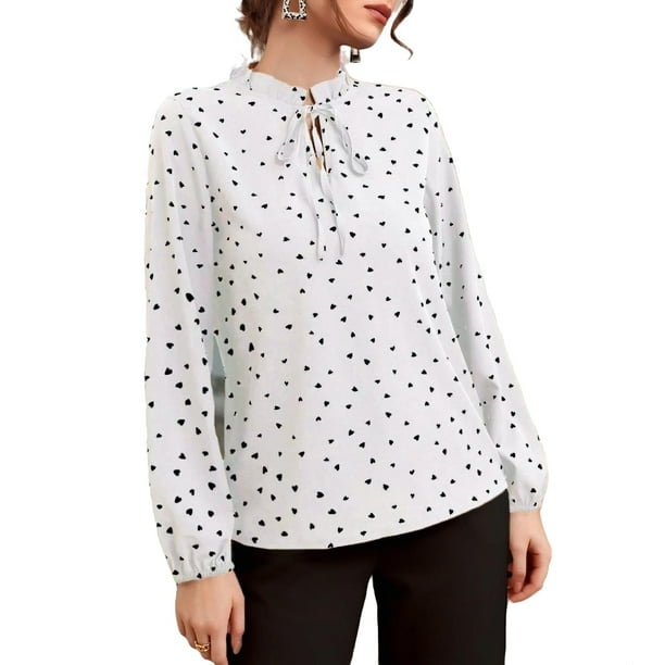 Elegant All Over Print Tie Neck Blouse Long Sleeve White Women's Blouses (Women's)