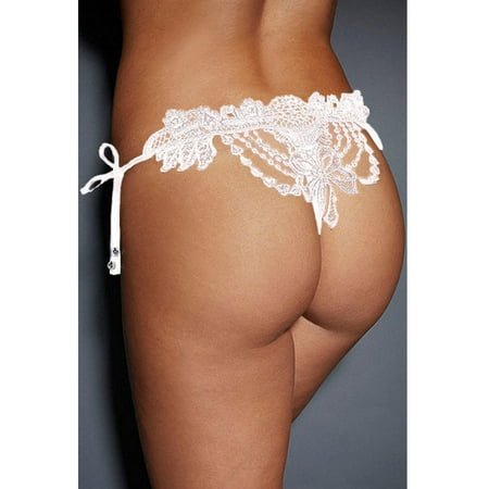 Women Crochet Lace Lingerie G-String Low Waist Self-Tie Strap Beaded Thong Underwear