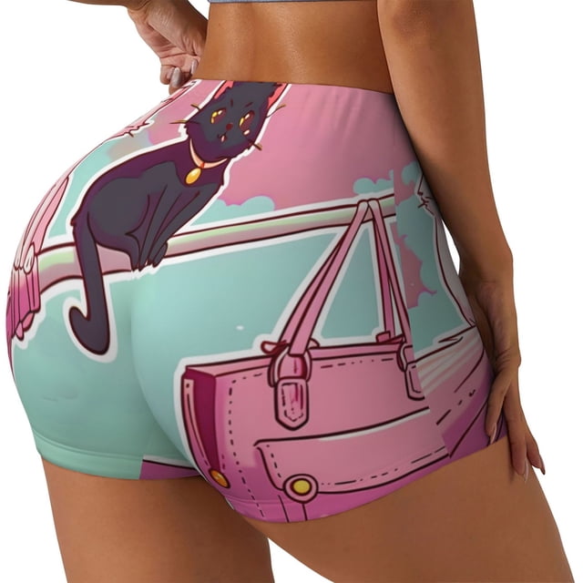 Balery Cats On Broomstick Pantalones cortos de entrenamiento estampados para mujer, sin costuras, ajustados, para gimnasio, yoga, correr, deportes, ejercicio activo, fitness.-Large