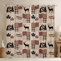 Homewish Woodland Wildlife Deer Black Out Curtains for Kids Teens Adults,Maple Leaves Curtains Pack of 2 (42x63 Each),Geometric Plaid Grid Bedroom Curtains,Ultra Soft Home Decor