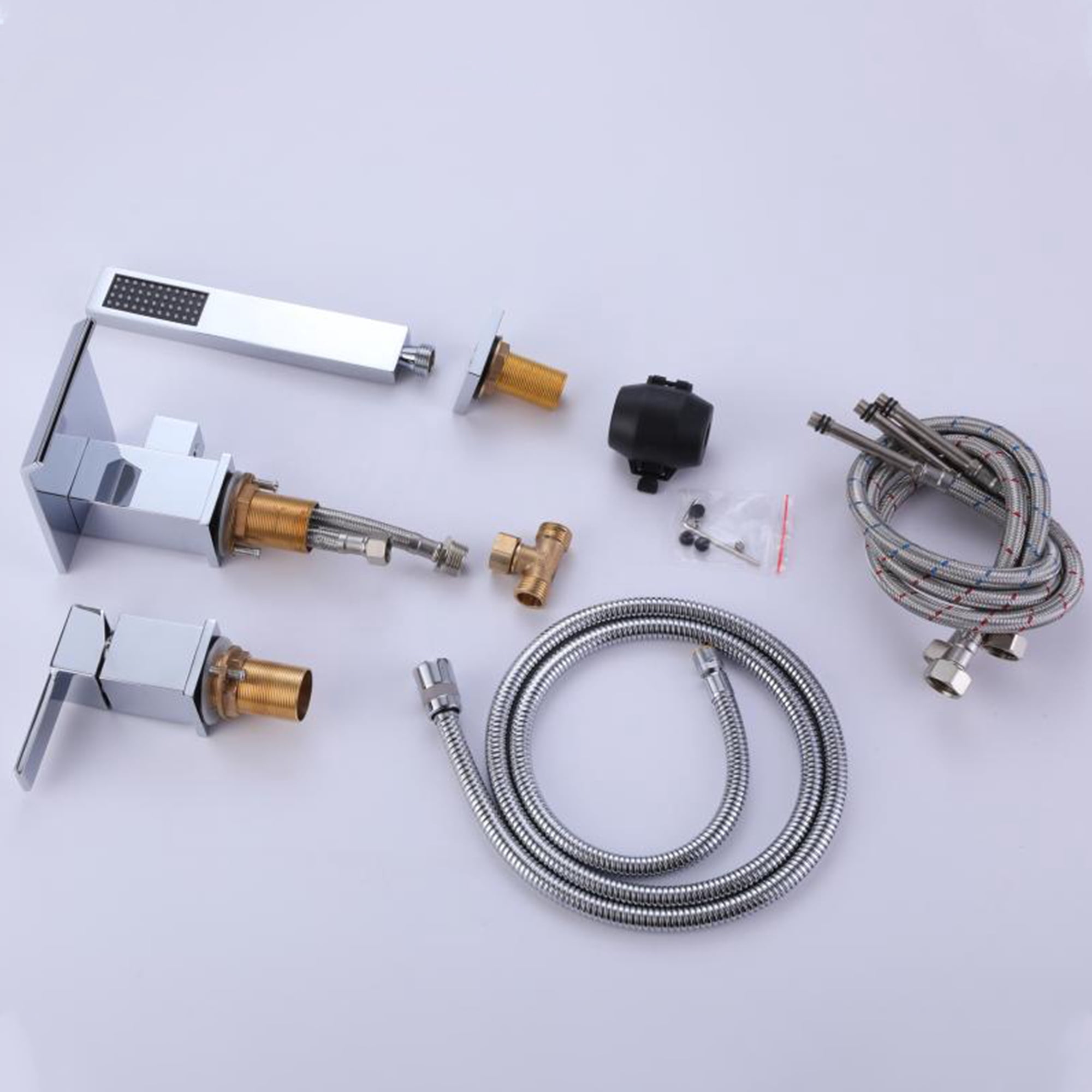 Three Holes Deck Mounted Roman Bathtub Faucet with Hand Shower, Widespread Waterfall Tub Filler